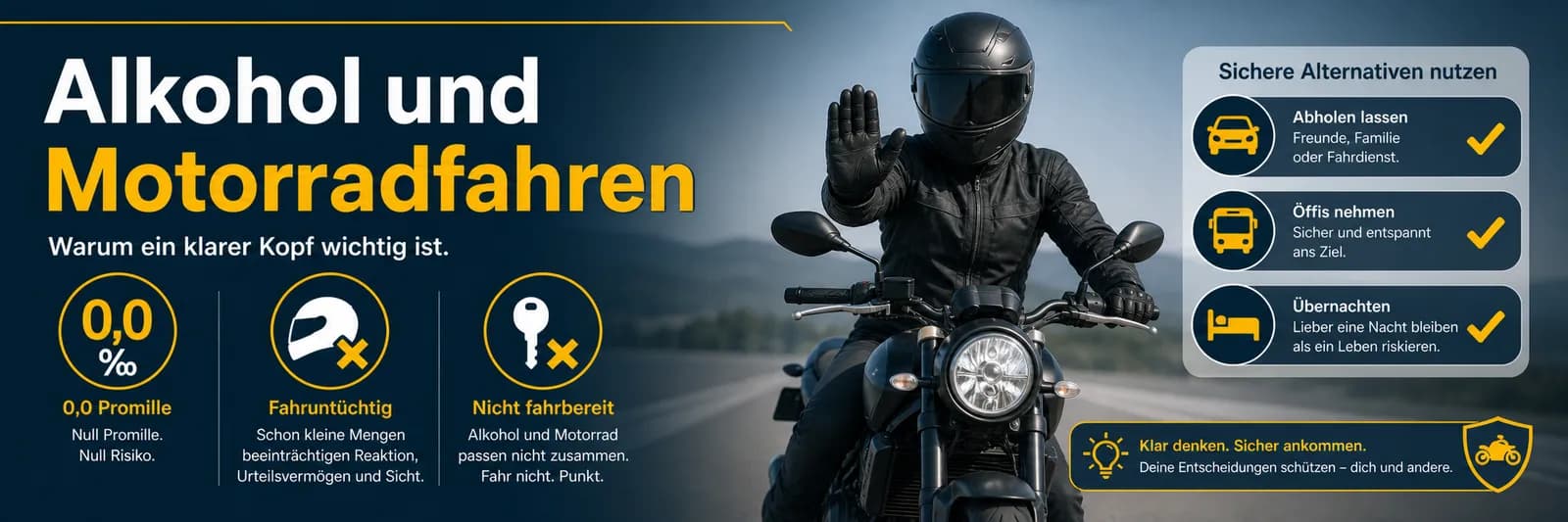 Alkohol und Motorradfahren: Promillegrenzen, längere Reaktionszeit und erhöhtes Risiko — auch ein Bier in der Mittagspause ist gefährlich