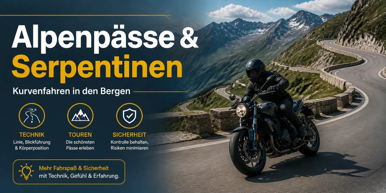 Alpenpässe und Serpentinen sicher fahren: Blickführung durch enge Kehren, saubere Linienwahl, angepasstes Tempo und richtiges Bremsen am Berg