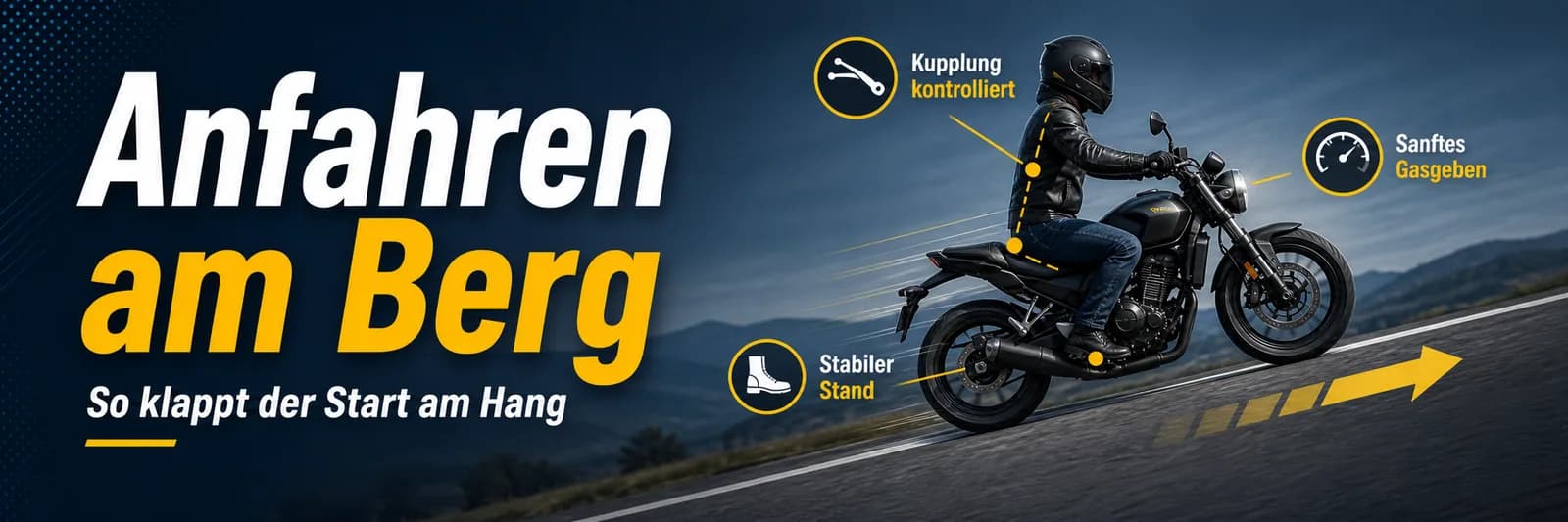 Anfahren am Berg: Kupplung kontrolliert kommen lassen, sanft Gas geben, stabiler Stand