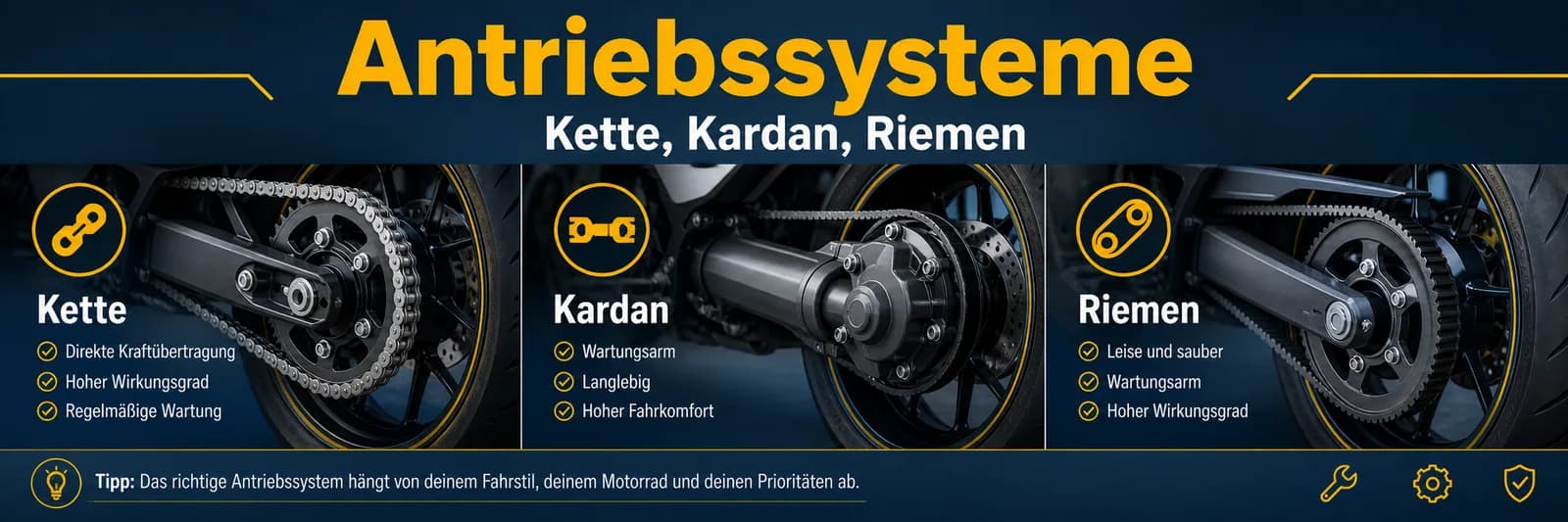 Antriebssysteme: Kette (direkte Kraftübertragung, regelmäßige Wartung), Kardan (wartungsarm, langlebig), Riemen (leise, sauber)