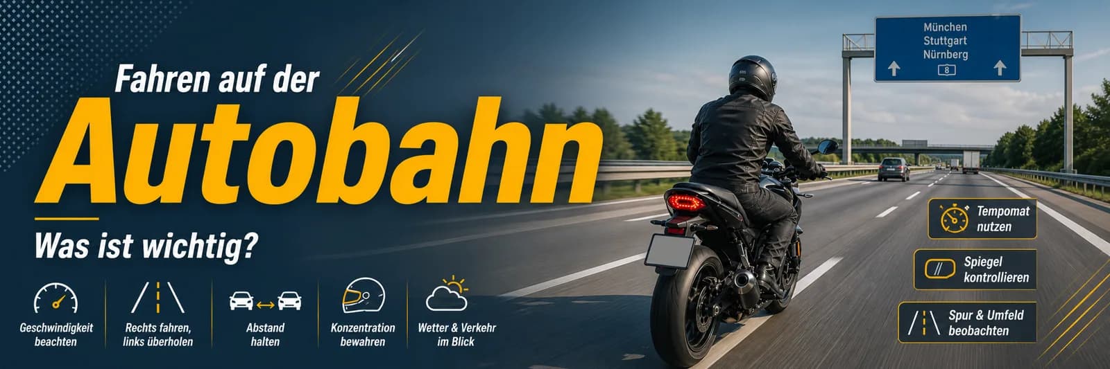 Fahren auf der Autobahn: Geschwindigkeit beachten, rechts fahren und links überholen, Abstand halten, Konzentration bewahren, Wetter und Verkehr im Blick