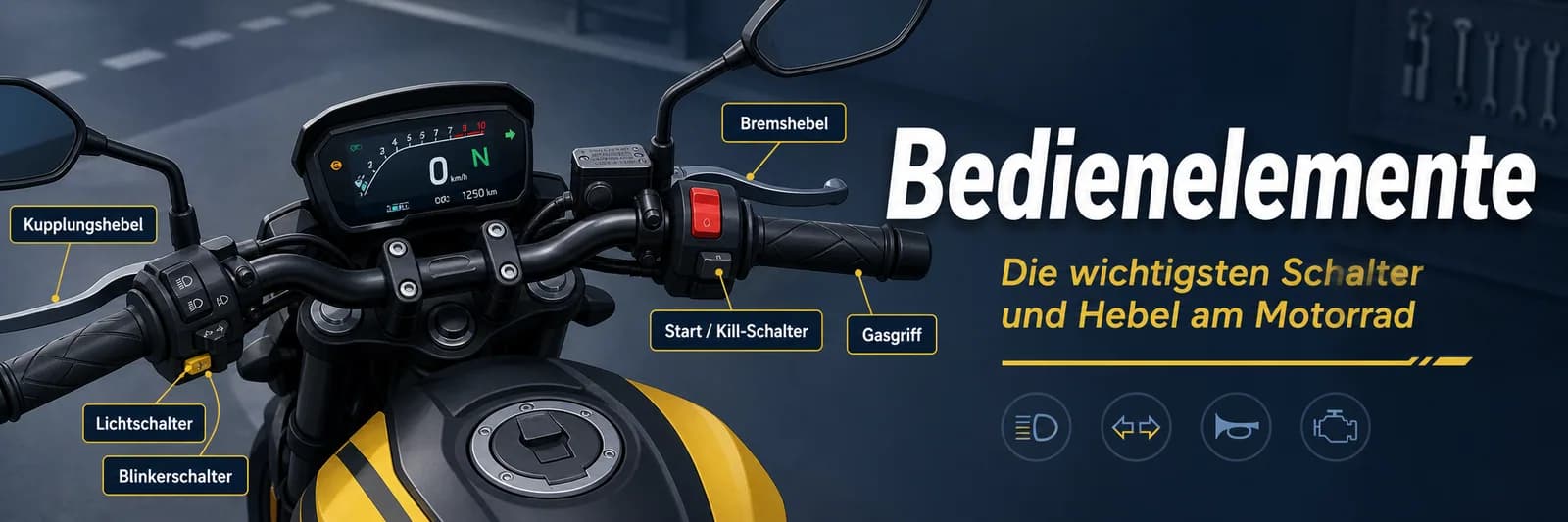 Beschriftete Übersicht der Bedienelemente am Motorrad