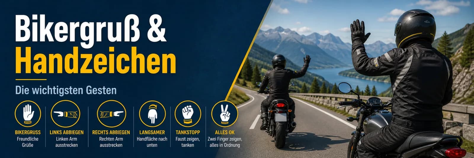 Bikergruß und Handzeichen: die wichtigsten Gesten — Gruß, links abbiegen, rechts abbiegen, langsamer, Tankstopp, alles ok
