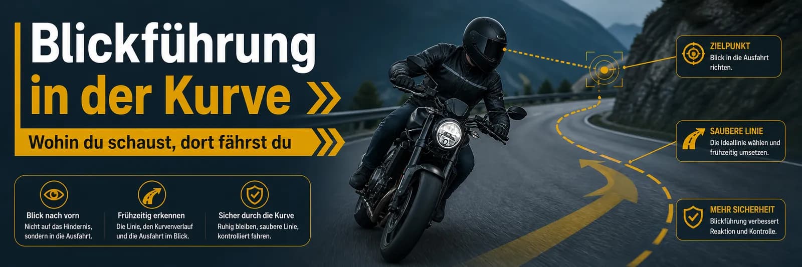 Blickführung beim Motorradfahren: Wo der Blick hingeht, geht das Motorrad hin — weit voraus und durch die Kurve schauen