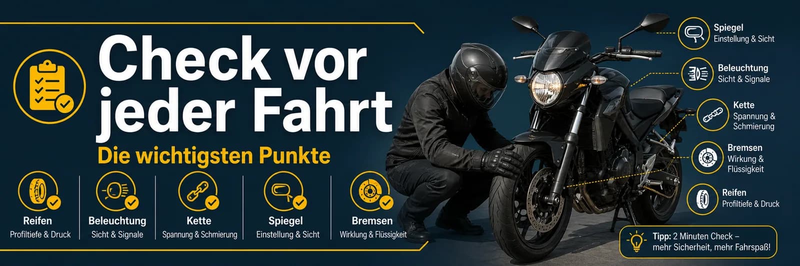Check vor jeder Fahrt — die wichtigsten Punkte: Reifen, Beleuchtung, Kette, Spiegel, Bremsen — 2 Minuten Check, mehr Sicherheit