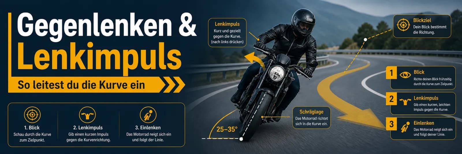 Gegenlenken und Lenkimpuls: Wie man ein Motorrad bewusst in die Kurve drückt — kurzer Druck am inneren Lenkerende