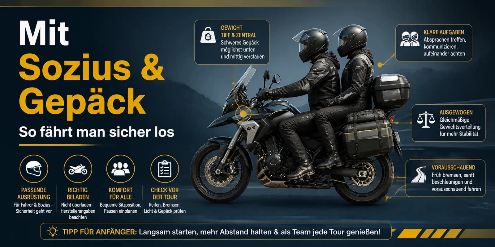 Fahren mit Sozius oder vollem Gepäck: verändertes Fahrverhalten, längerer Bremsweg sowie angepasster Reifendruck und Federvorspannung