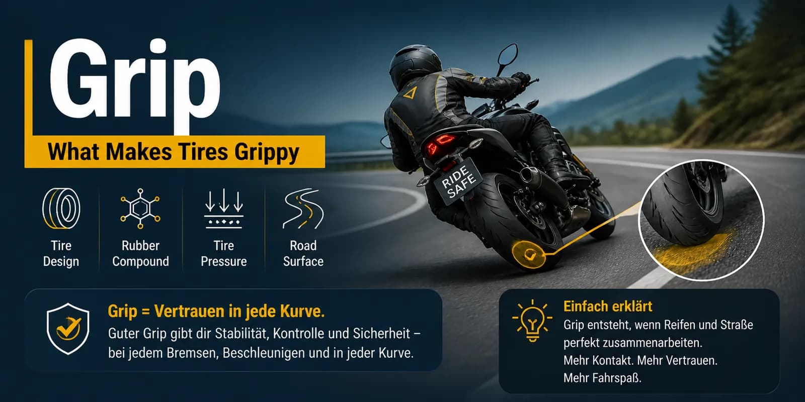 Grip am Motorrad: Was den Reifen-Halt beeinflusst — Reifen, Temperatur, Fahrbahn und Schräglage