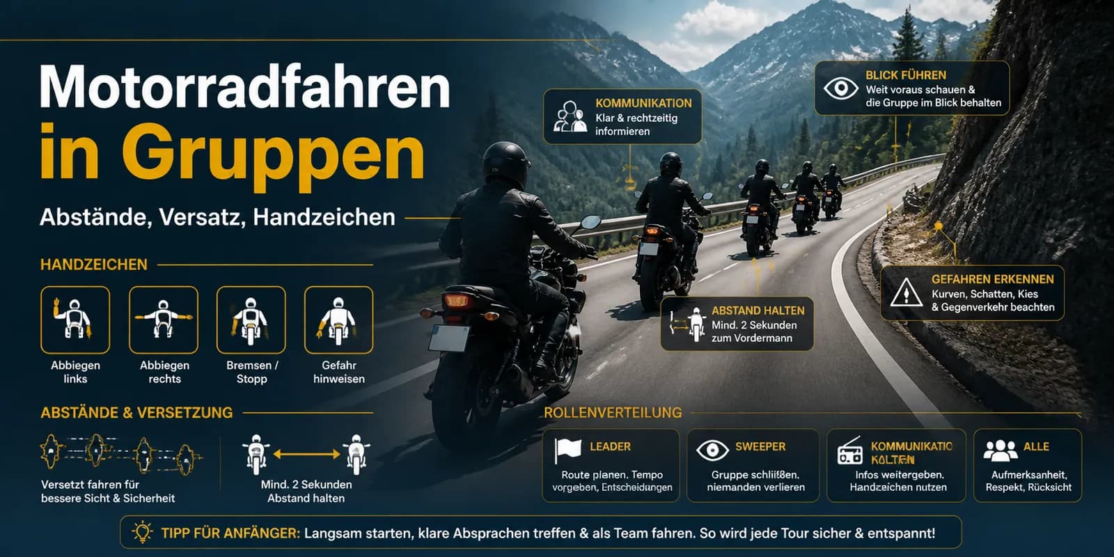 Richtig in der Gruppe fahren: versetzte Formation, Abstand halten, Tempo der langsamsten Person und feste Treffpunkte vereinbaren