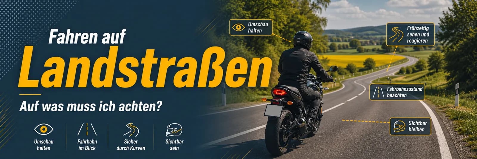 Fahren auf Landstraßen: Umschau halten, Fahrbahn im Blick, sicher durch Kurven, sichtbar sein, Fahrbahnzustand beachten