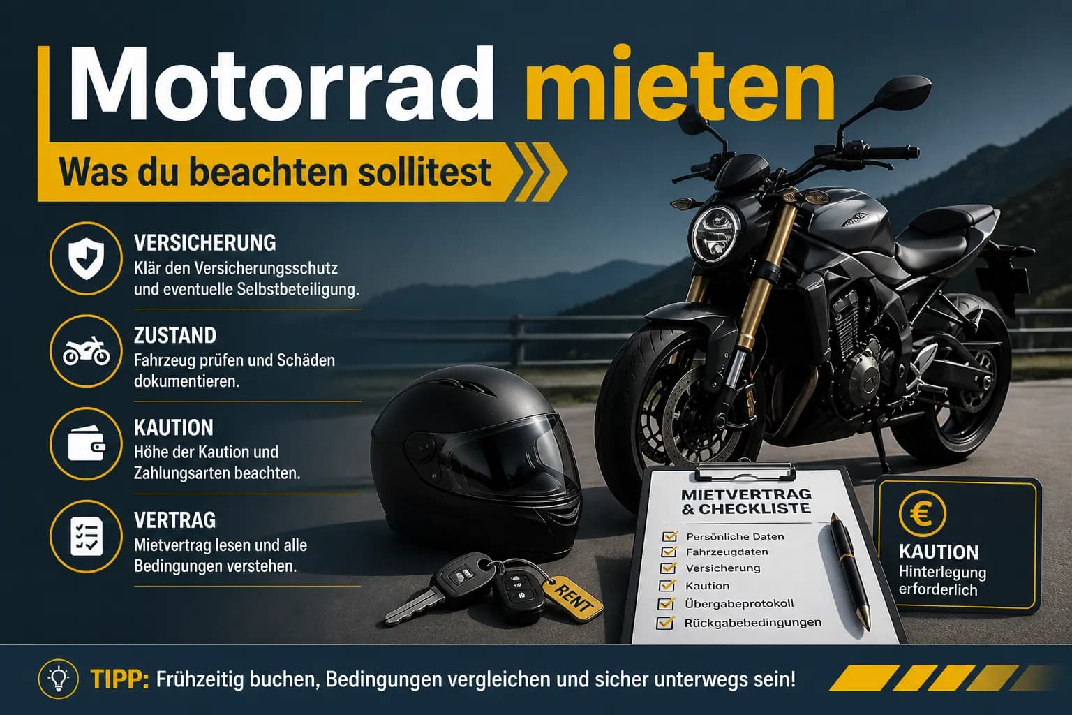 Motorrad mieten — worauf du achten musst: seriöser Anbieter, Mietvertrag, Versicherung und Selbstbeteiligung, Kaution sowie Übergabe-Check
