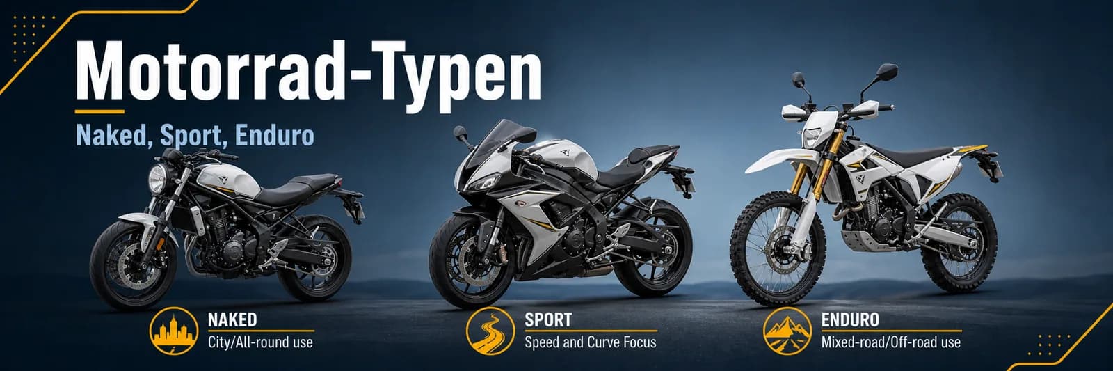 Motorrad-Typen: Naked (City/All-round), Sport (Speed and Curve Focus), Enduro (Mixed-road/Off-road use)