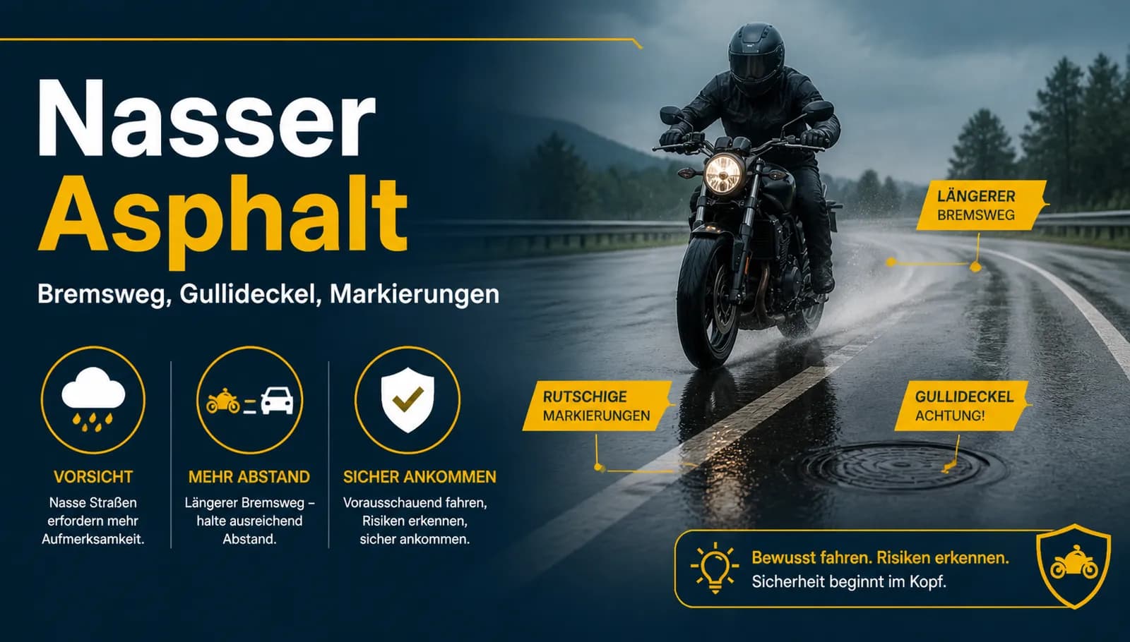 Nasser Asphalt — was ihn so gemein macht: weniger Grip, längerer Bremsweg und besonders rutschige Stellen wie Fahrbahnmarkierungen, Gullideckel und Ölspuren