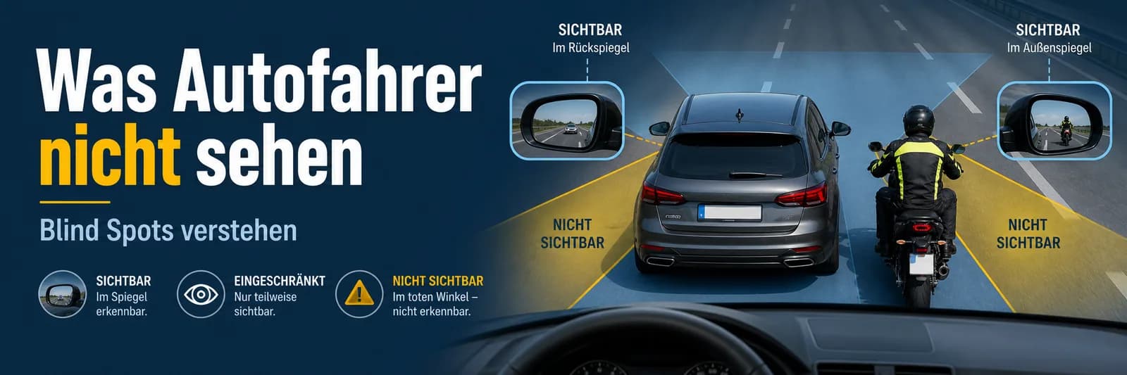 Was Autofahrer nicht sehen — Blind Spots verstehen: sichtbar im Spiegel, eingeschränkt sichtbar, nicht sichtbar im toten Winkel