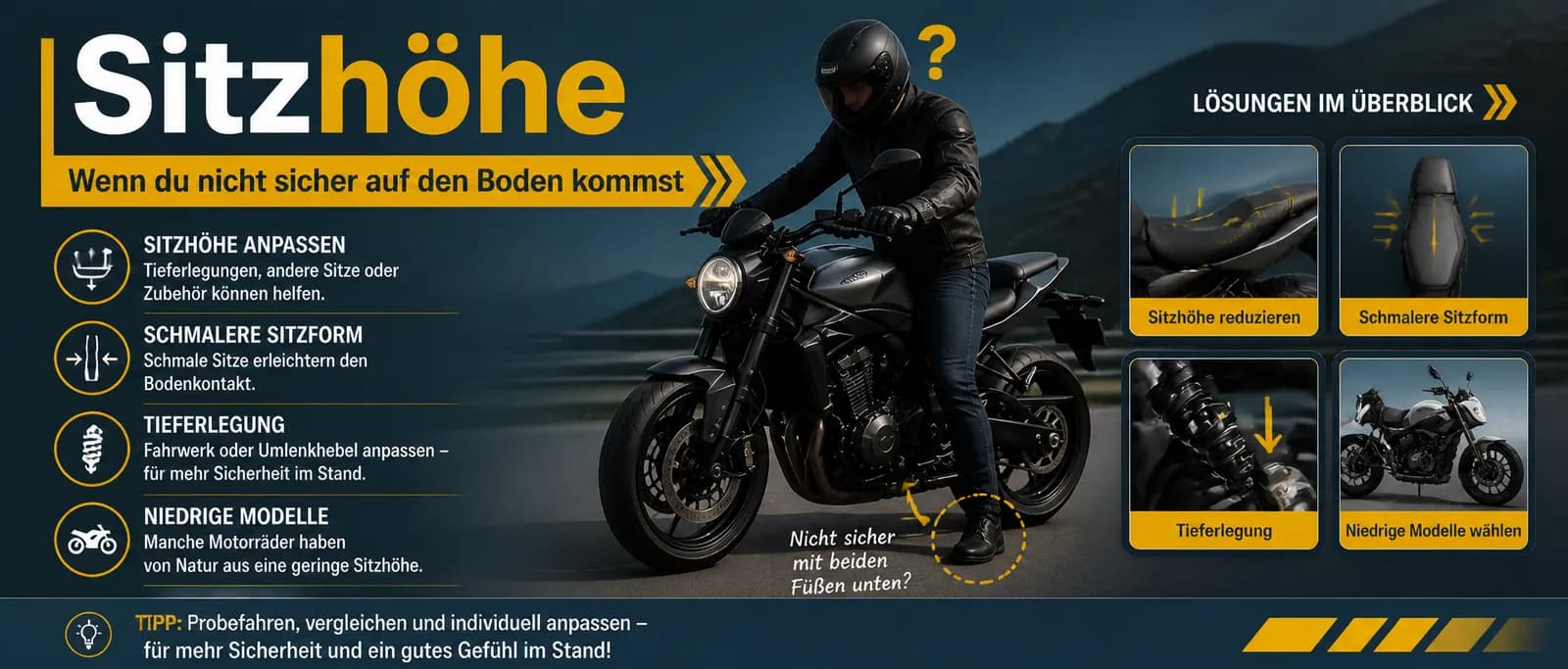 Wenn du mit den Füßen nicht ganz runterkommst: niedrigere Sitzbank, schmalerer Sitz, Fahrwerk tieferlegen und richtige Anhalte-Technik bei hoher Sitzhöhe