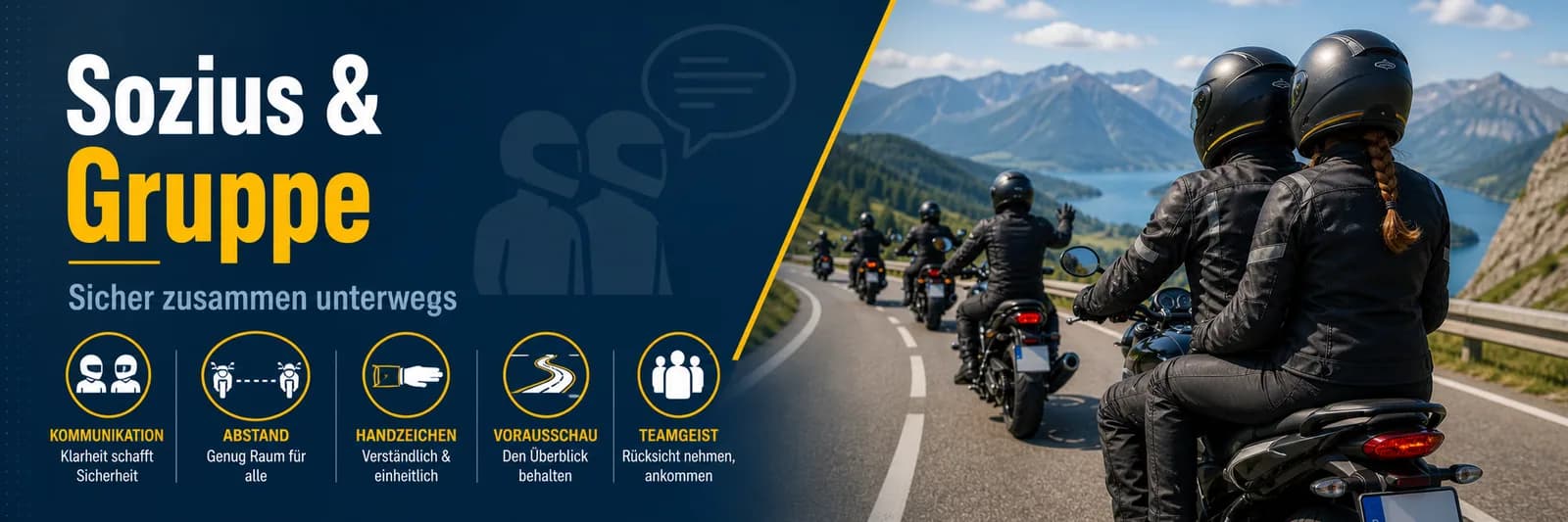 Sozius und Gruppe — sicher zusammen unterwegs: Kommunikation, Abstand, Handzeichen, Vorausschau, Teamgeist
