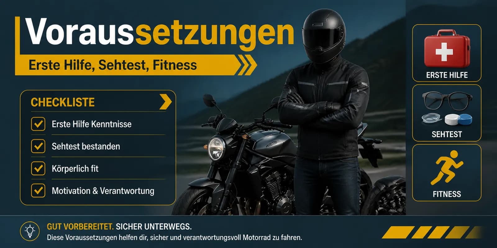 Voraussetzungen für den Motorradführerschein: Sehtest (mind. 70 % je Auge), Erste-Hilfe-Kurs (9 Einheiten), Brille oder Kontaktlinsen erlaubt und zweijährige Probezeit