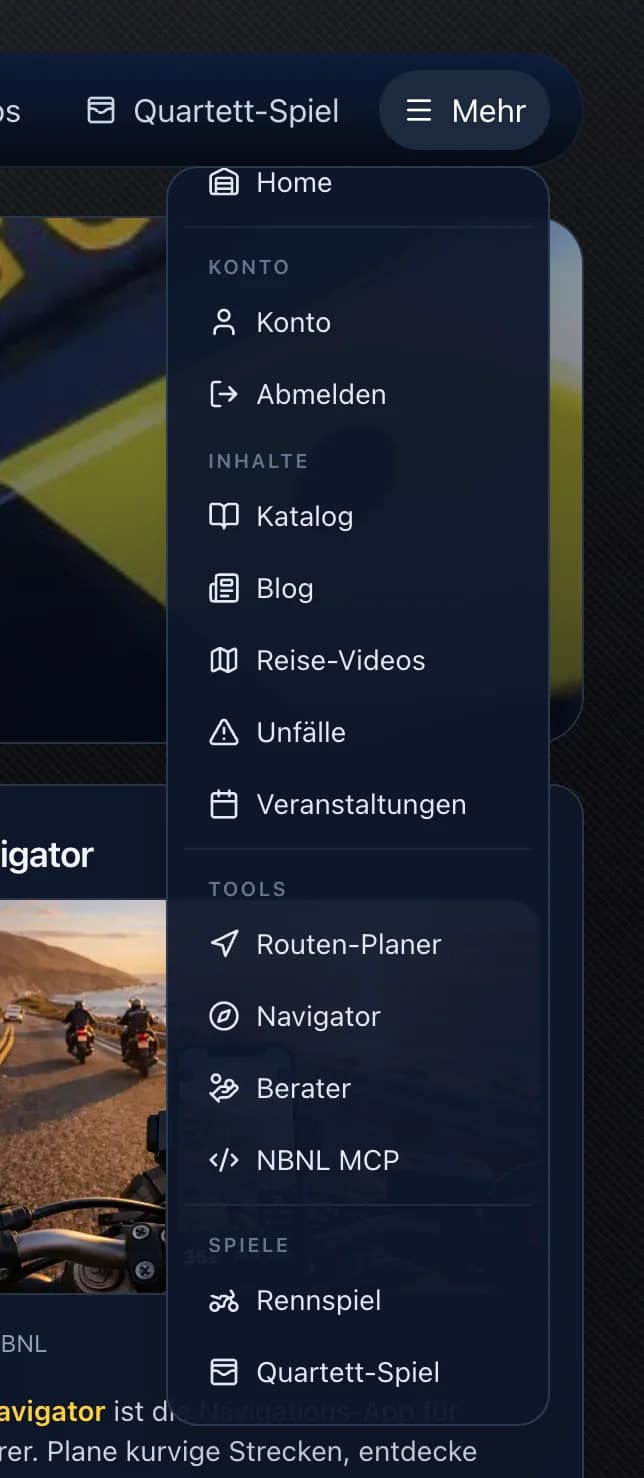 NBNL Mehr-Menü auf dem Desktop geöffnet