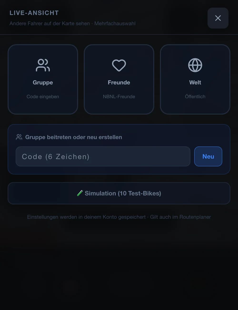 Navigator Live-Ansicht: Gruppe, Freunde und Welt Modi