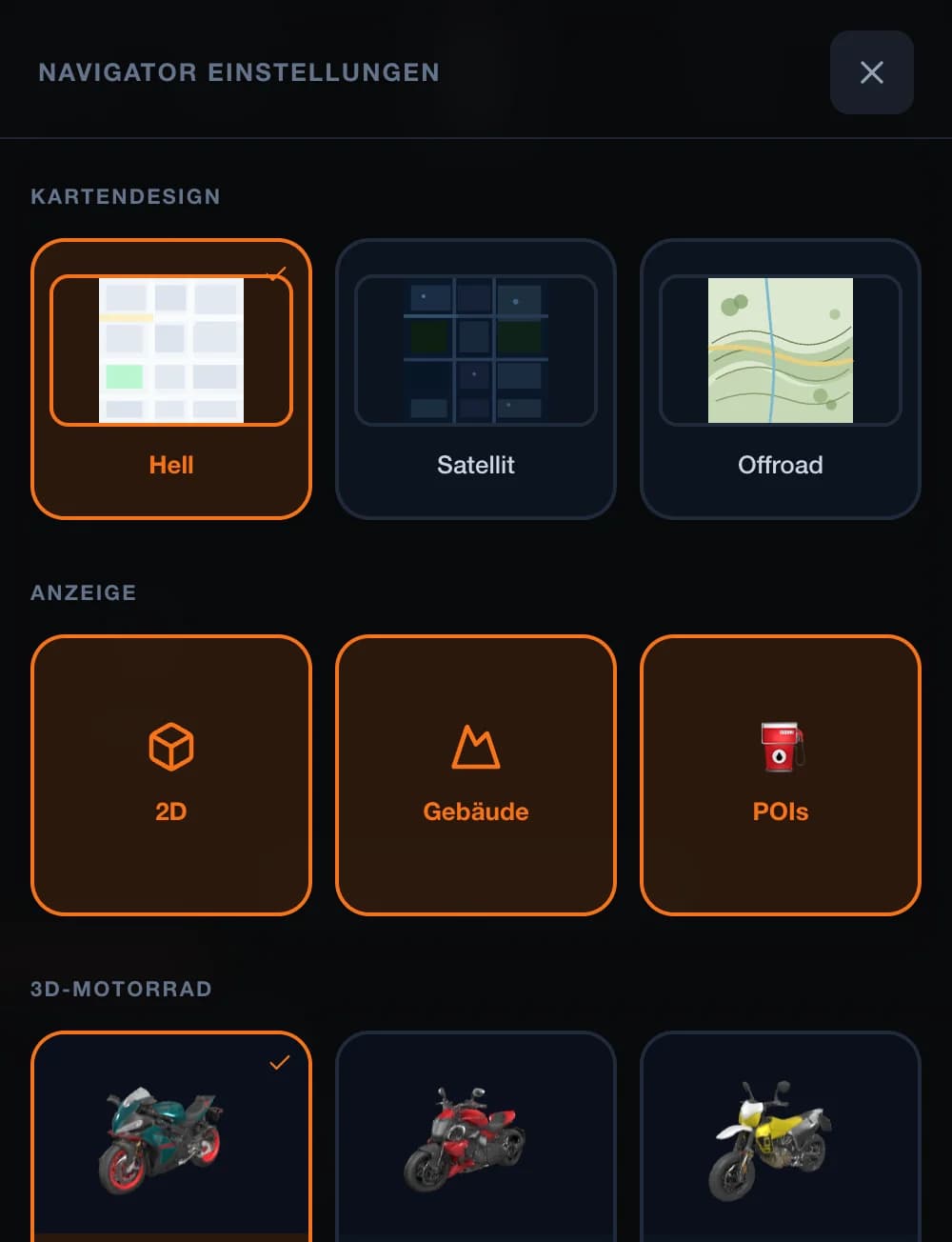 Navigator Einstellungen: Kartendesign Hell, Satellit, Offroad und Anzeige-Toggles