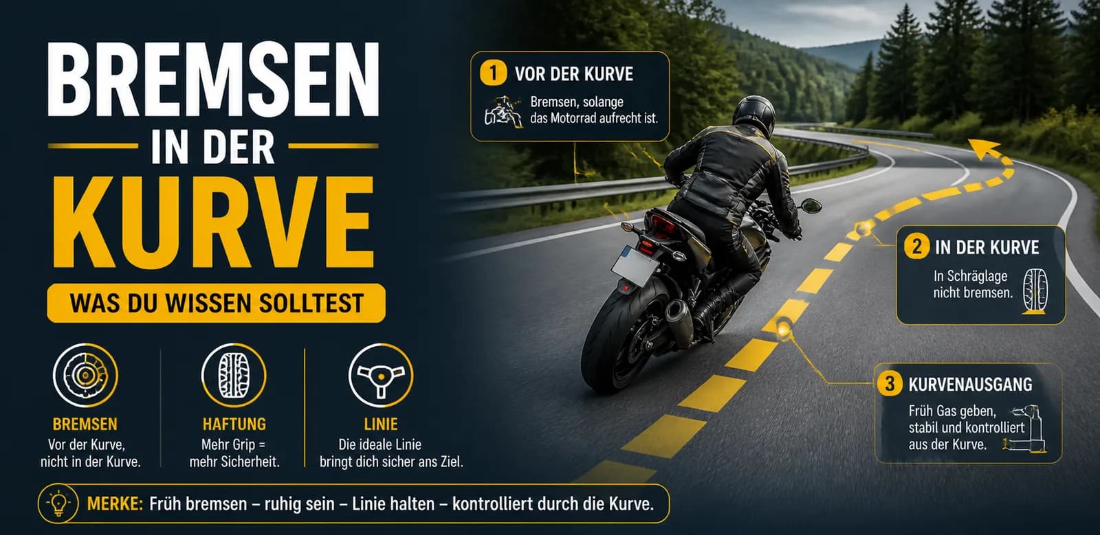 Bremsen in der Kurve: kontrolliert verzögern in Schräglage — Blickführung, feine Dosierung und das Aufrichten des Motorrads