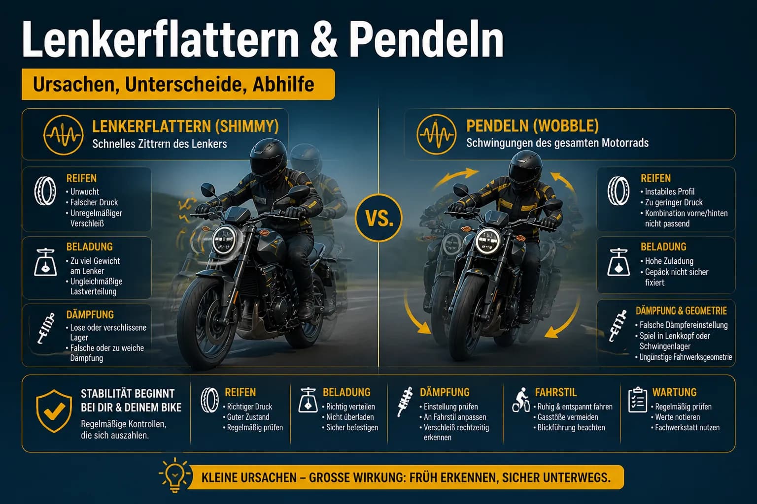 Lenkerflattern (Shimmy) und Pendeln am Motorrad: Ursachen erkennen und richtig reagieren — locker bleiben, nicht verkrampfen, Tempo sanft anpassen