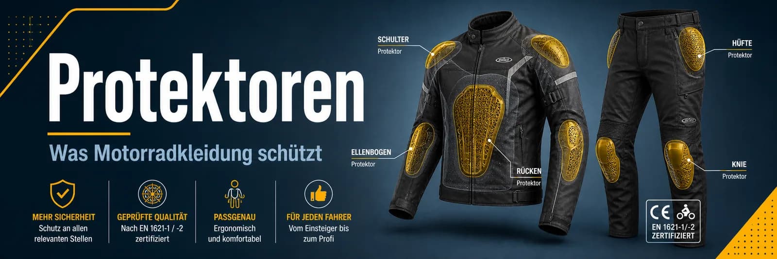 Protektoren — was Motorradkleidung schützt: Schulter, Ellenbogen, Rücken, Hüfte, Knie — geprüfte Qualität nach EN 1621