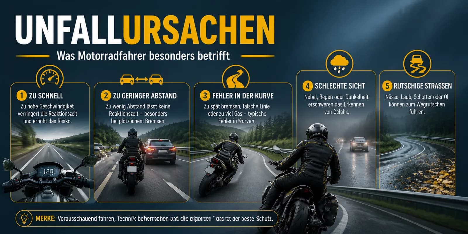 Die häufigsten Unfallursachen beim Motorradfahren — und wie man sie als Anfängerin oder Anfänger vermeidet