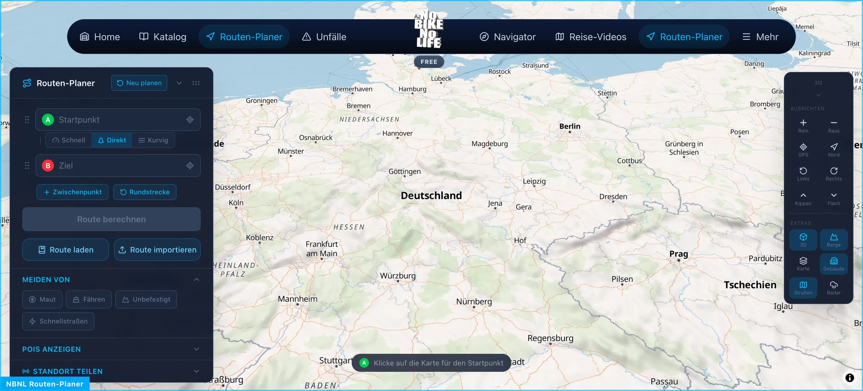 Screenshot des MEIDEN VON Panels im Routenplaner