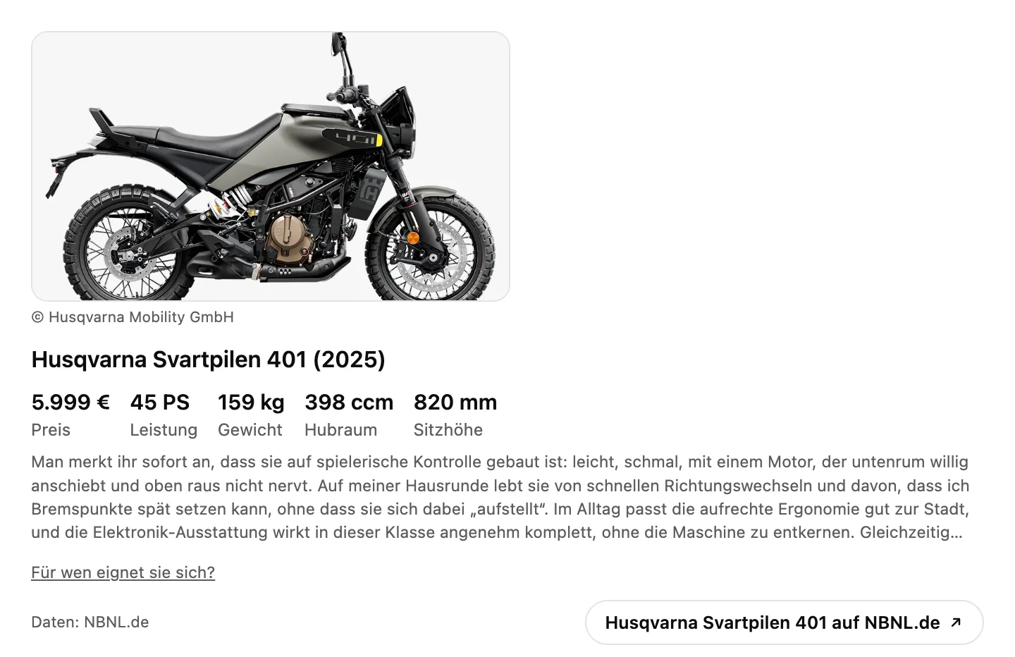 Steckbrief der Husqvarna Svartpilen 401 (2025) im Chat: Herstellerfoto mit Bildnachweis, 5.999 Euro, 45 PS, 159 kg, 398 ccm, 820 mm Sitzhöhe und das NBNL-Fazit.