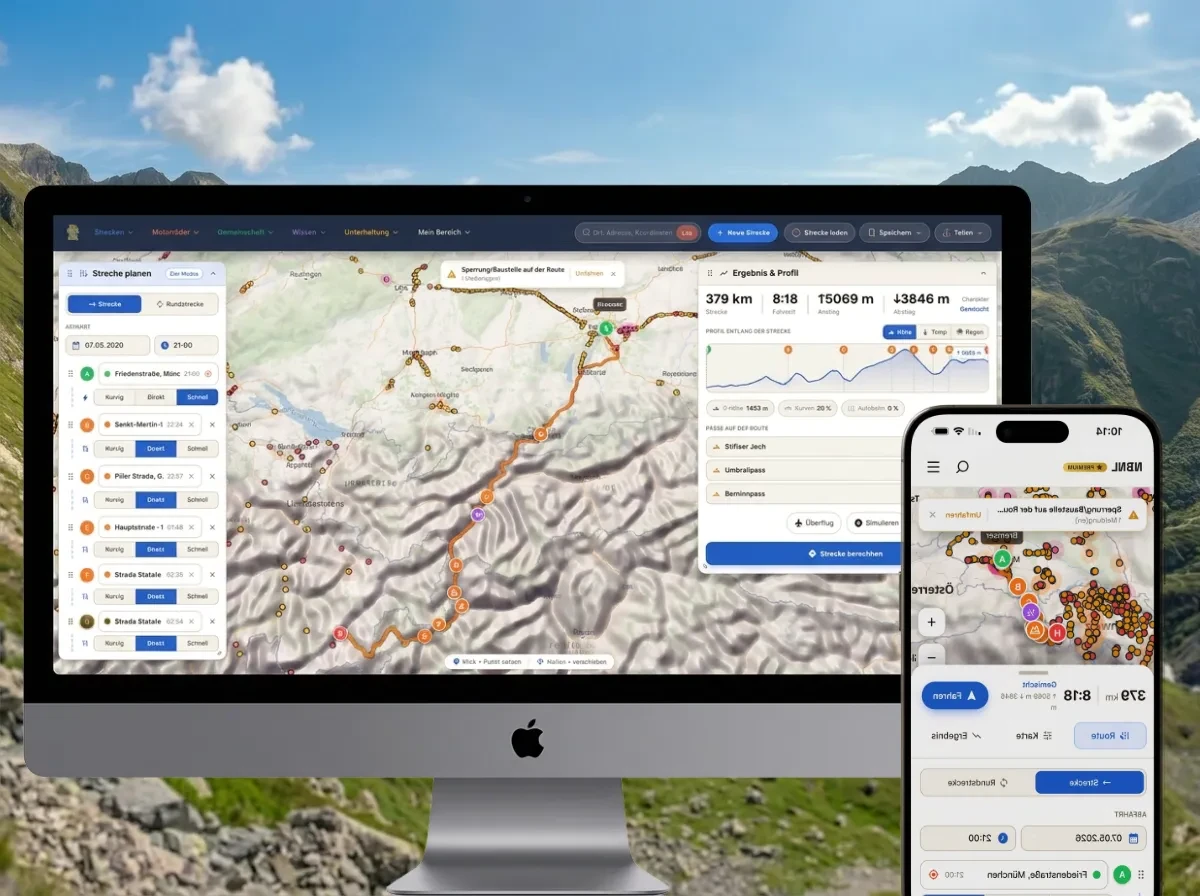 NBNL Routenplaner — Tour mit Wetter, Sperrungen und POIs auf Desktop und Smartphone